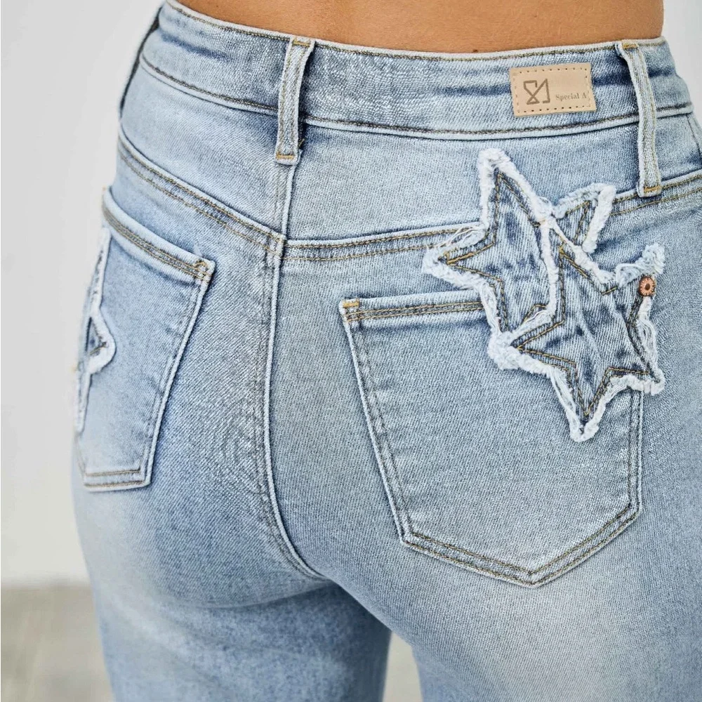 High Rise Star & Heart Patched Dad Jean W/stretch